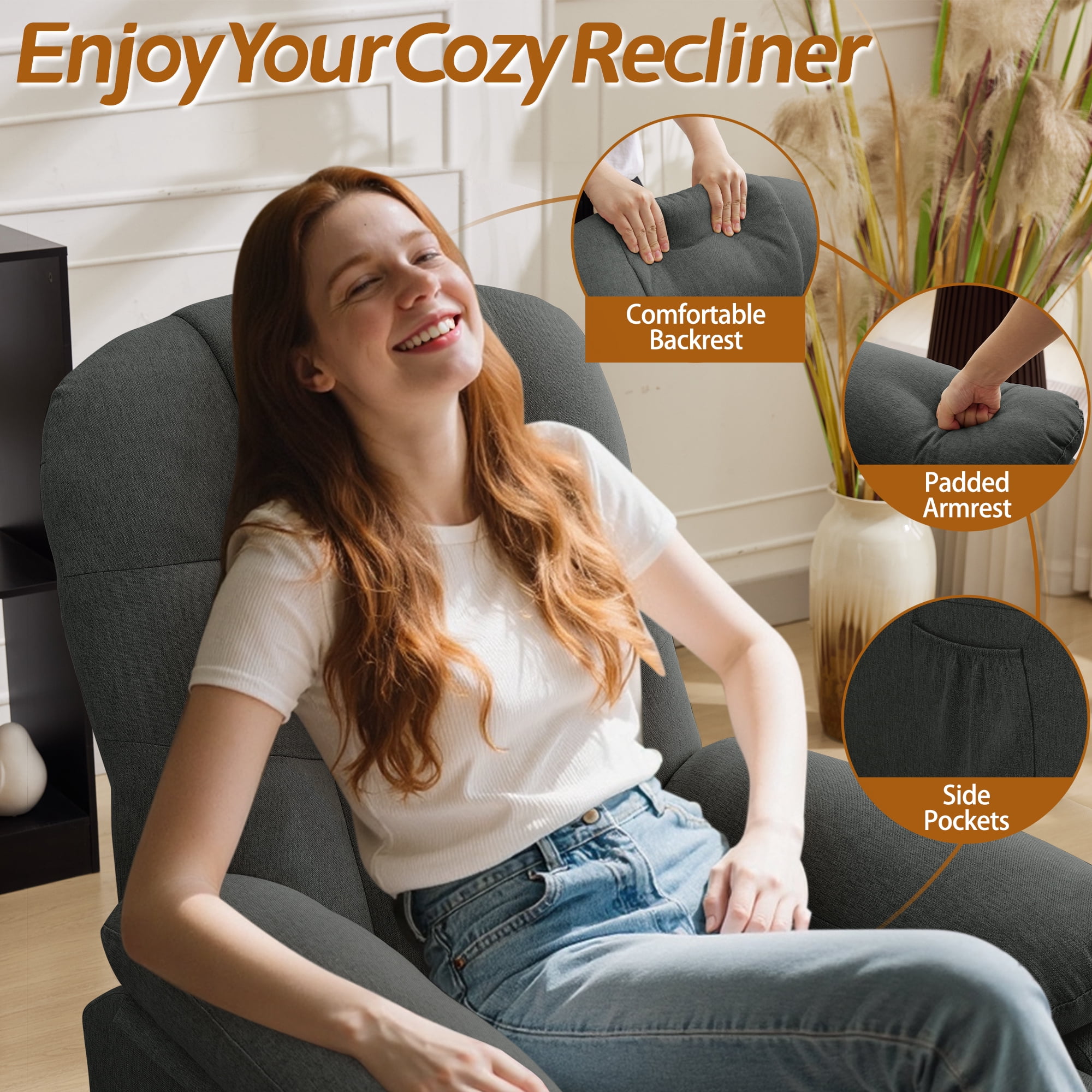 Korser Manual Swivel Rocker Recliner Chair for Living Room,Small Recliner Sofa for Small Spaces,Linen Fabric,Dark Grey