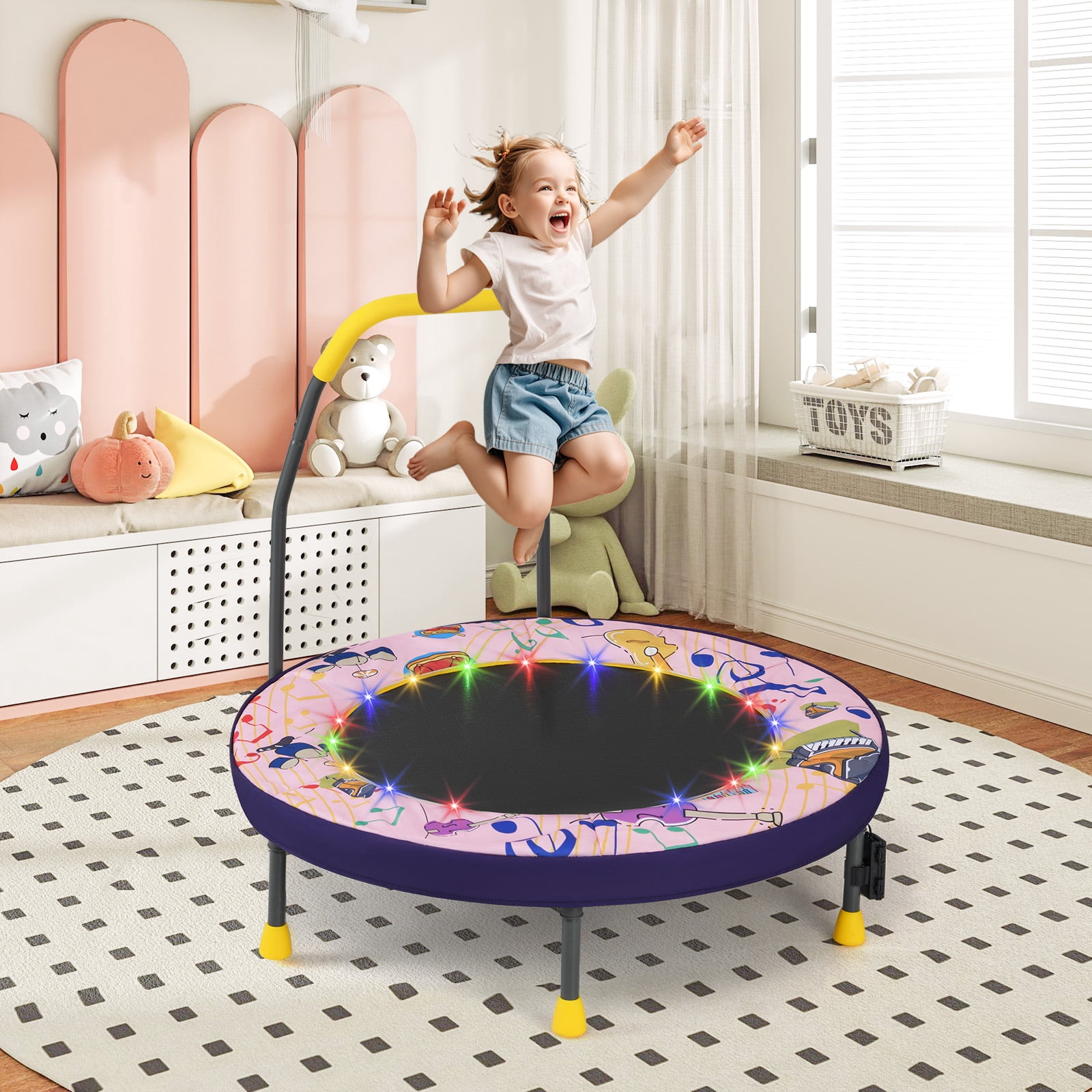 Gymax 36'' Foldable Kid Trampoline w/ 20 LED Lights Foam Handlebar Padded Safety Cover Pink