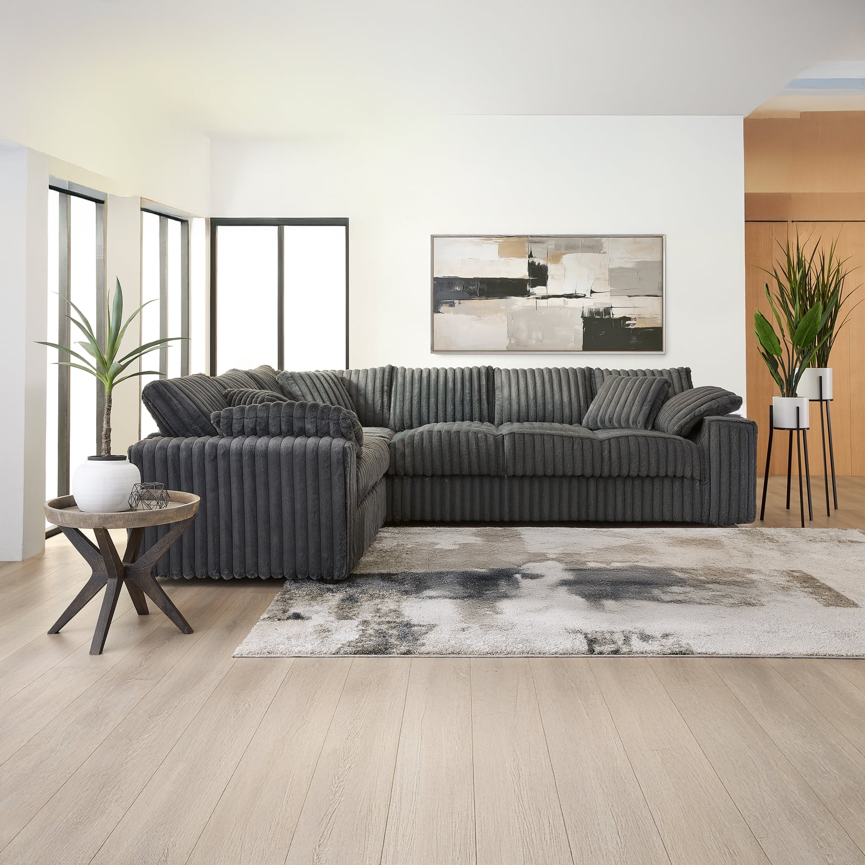 Roundhill Furniture Belvoir 2-PC Living Room Set, L-shape Sectional and Accent Ottoman, Charcoal