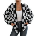 thumbnail image 3 of Women'S Plus Size Checkered Cardigan Top Plaid Print Open Front Loose Sweater Outwear Black & White S, 3 of 10