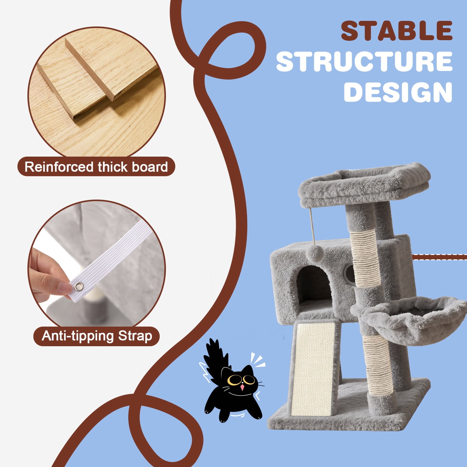 Amolife 36.6" Cat Tree Tower for Indoor Cats, Cat Condo with Plush Perch, Sisal Scratching Posts & Ramp, Cozy Cat Furniture, Gray