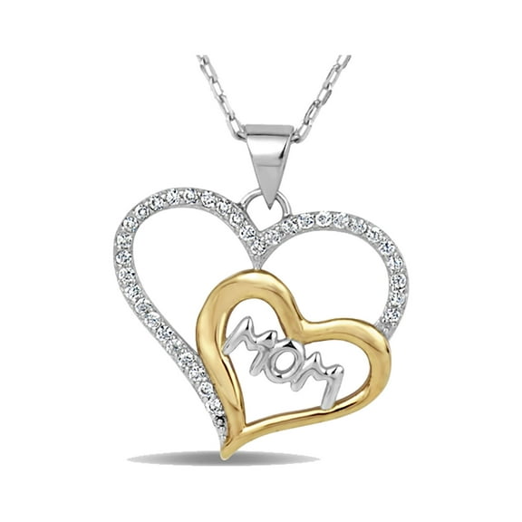.12 cttw Diamond MOM Double Heart Pendant 18" in 2Tone Sterling Silver