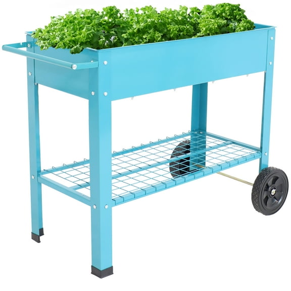 Sunnydaze 43.5" x 20.75" x 31.75" Blue Galvanized Steel Raised Garden Bed Cart with Wheels
