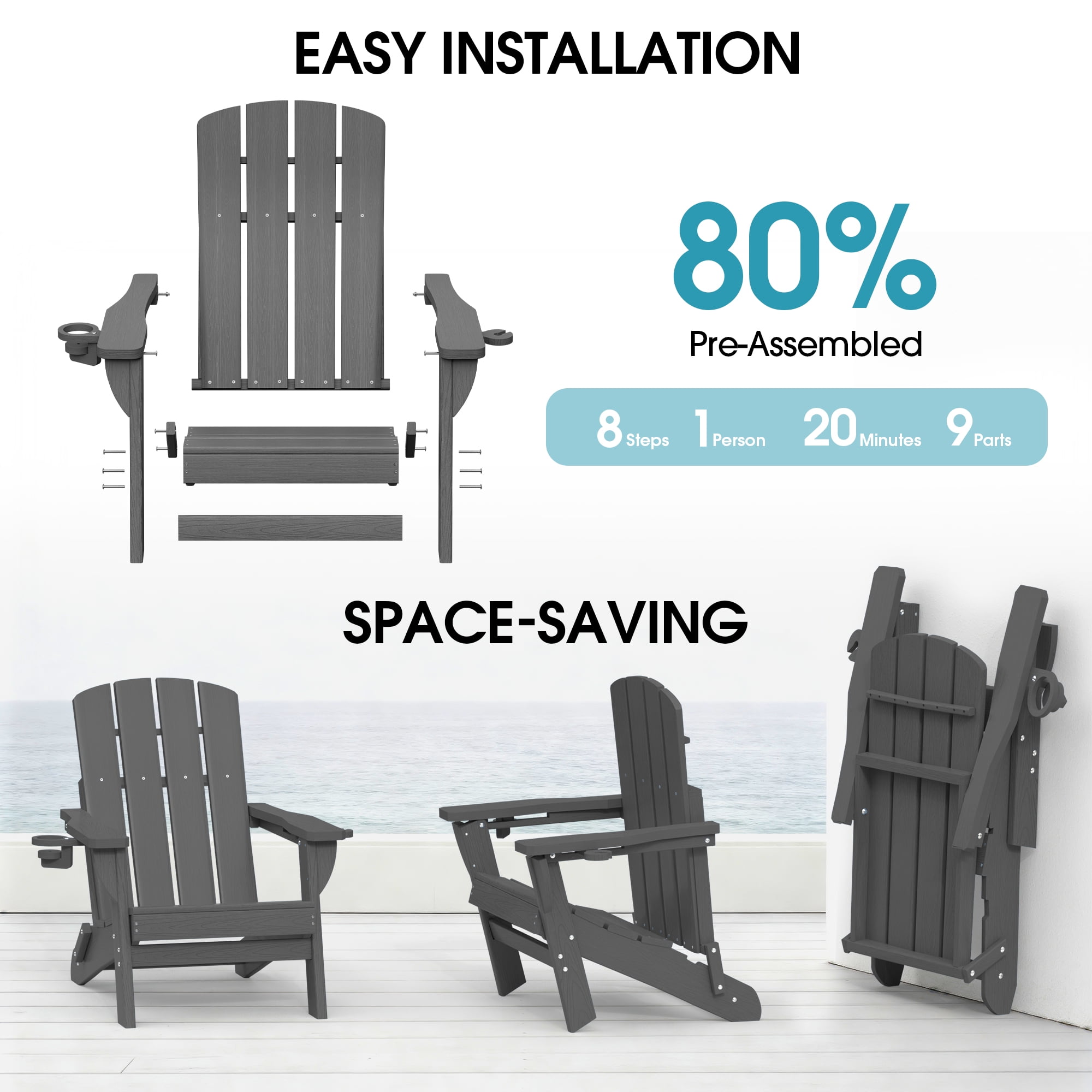 SUUNYN Folding Adirondack Chair, HDPE All-Weather Fire Pit Chairs, Plastic Adirondack Chairs with 2 Cup Holder, Grey