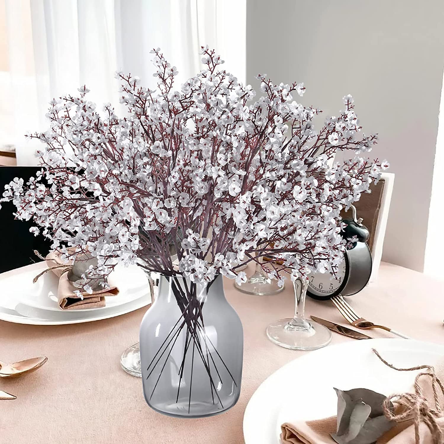 Baby Breath Flowers Artificial Bulk Real Touch Fake Flower Faux Silk Floral Gypsophila Bouquet for Office Kitchen Bedroom Wedding Restaurant Centerpieces Christmas Party Decor (Silver)