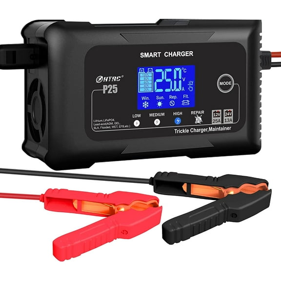 25-amp smart battery charger,lithium,lifepo4,lead-acid agm/gel/sla.. car battery charger,trickle charger, maintainer/deep cycle charger,12v/25a and 24v/13a,for motorcy,boat,lawn mower