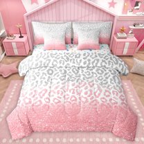 Homewish Boys Girls Leopard Print Twin Bedding Sets 7-Piece,Bling Glitter Bedding Comforter Set Microfiber,Gradient Pink Grey Breathable Sheet Sets,Microfiber Bedroom Decor,Reversible