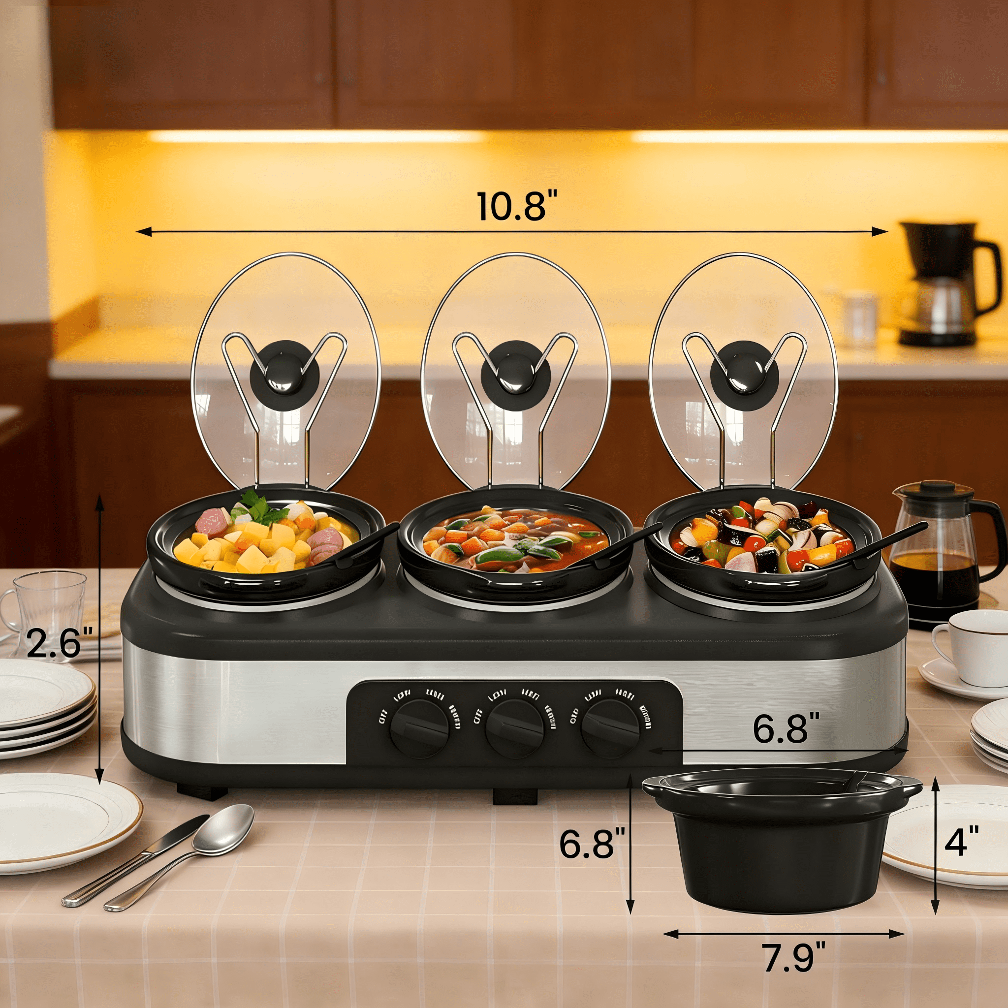 3 Pot Slow Cooker Set, Triple Slow Cooker with 3×1.5QT Removable Ceramic Crocks, 4.5QT Total, Adjustable Temperature for Family Dinner & Party,SL