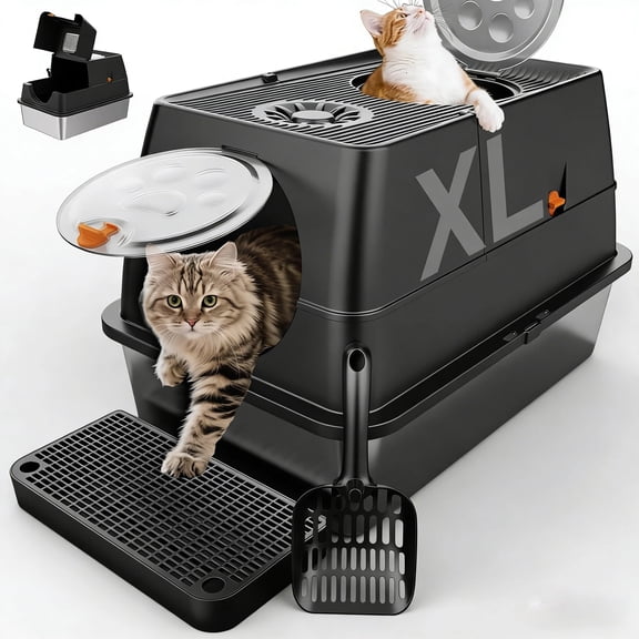 Stainless Steel Litter Box with Lid,  Flip-Top Extra Large Cat Litter Pan, Enclosed Metal Litter Box with Litter Scoop & Filter Pedal, Odor Free, Front & Top Dual Entry