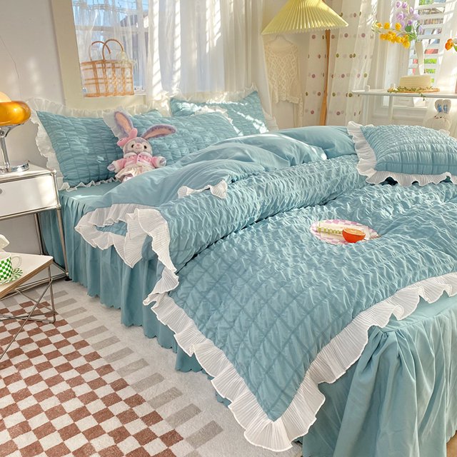 Juego de cama de princesa Kawaii Seersucker para niñas, algodón lavado, estilo coreano, funda de edredón de encaje con volantes de lujo, falda de cama tamaño Queen
