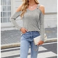 thumbnail image 4 of Fashion Cold Shoulder Knitwear Tops for Women V Neck Loose Fit Long Sleeve Ribbed Textured Slouchy Sweaters Tees, 4 of 8