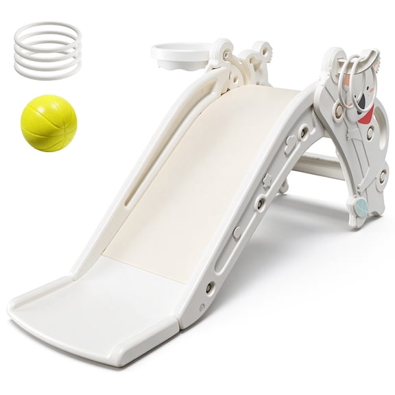 Lenbar Kids Slide with Basketball Hoop and Ring Toss – 3-in-1 Toddler Slide Playset with Backyard Climbing Ramp, Indoor Outdoor Playground Equipment for Ages 1
