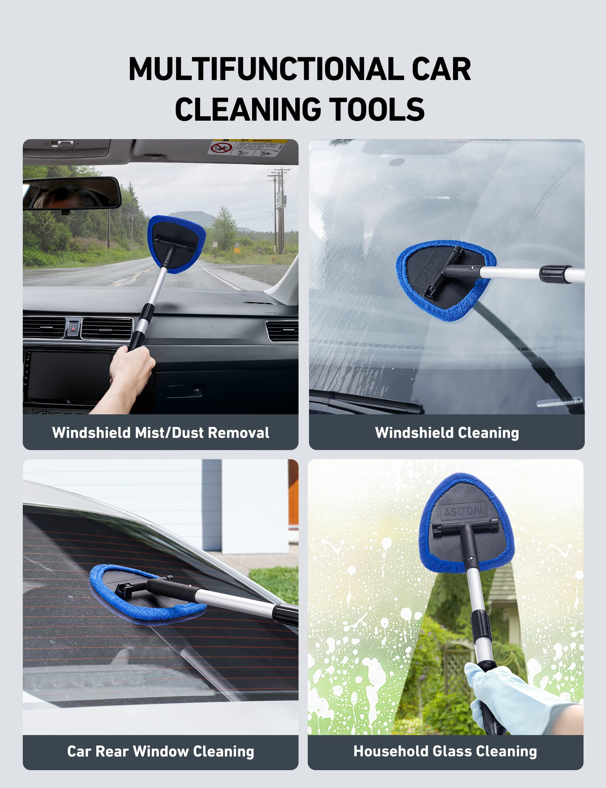 DIYMAG 2 Pack Auto Windshield Cleaning Tools, Extendable Handle Car Window Cleaner with Reusable Microfiber Pads and Water Spray Bottles Auto Inside Glass Wiper Kit (Blue)