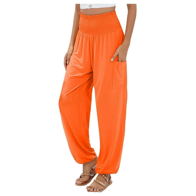 WEIYLL Women's Pants Elastic High Waist Wide Leg Solid Color Orange Pant size M