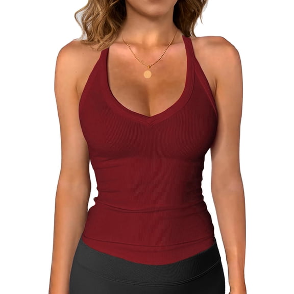 Workout Tops for Women Racerback Basic Tank Summer Camisole V Neck Slim Fit Ribbed Sleeveless Wine Red M