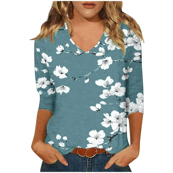 CYMMPU V-Neck Floral Printed 3/4 Length Sleeve Shirts Vintage Summer Fall Business Work Blouses Fashion Tunic Tops Basic Tees 2025 Clothes for Women Navy XL