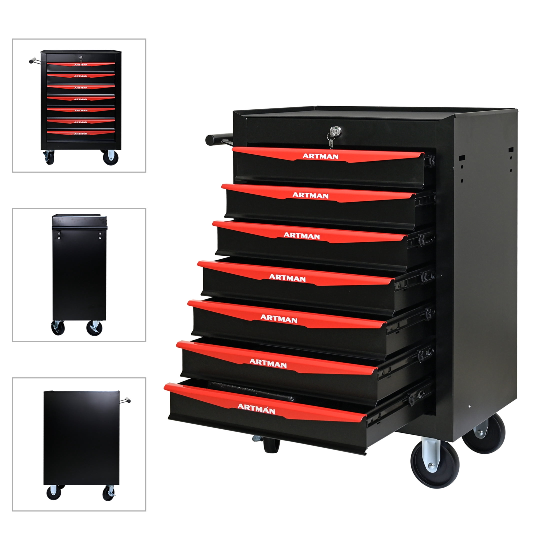 Noble House 7-Drawer Mobile Steel Tool Organizer with Key Lock, Ball Bearing Slide Storage Cabinet Box, Black