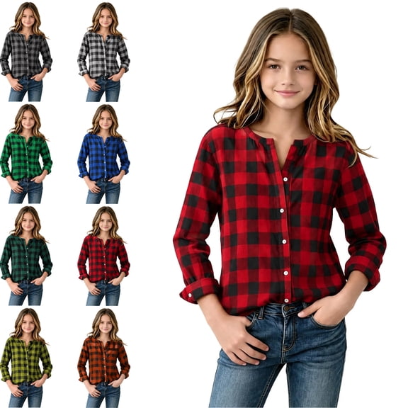 AHTJRT Girls Buffalo Plaid Flannel Shirt Button Down Long Sleeve Crew Neck Blouse Casual Lightweight Vacation Travel Daily Wear Fall Winter Top