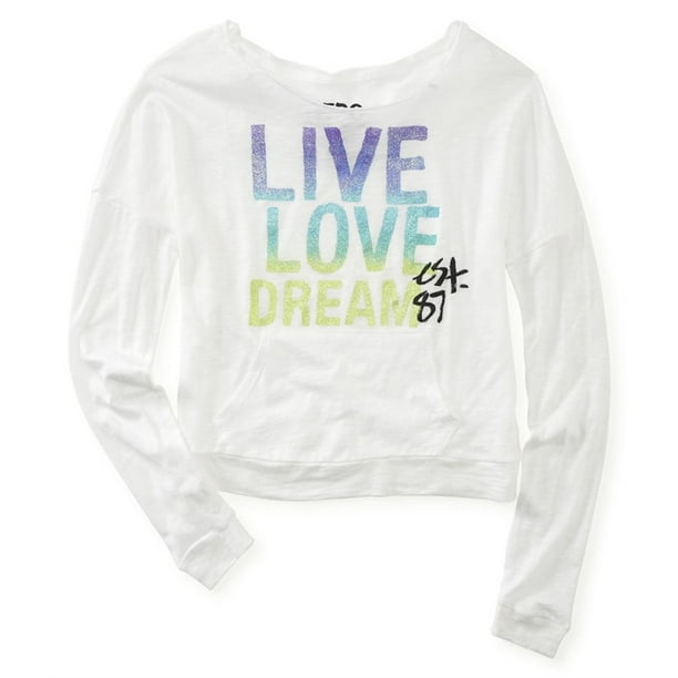 Aeropostale - Camiseta con adornos para dormir con purpurina degradada para mujer, color blanco, pequeño Aeropostale Camiseta adornada