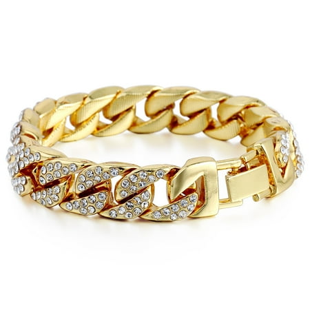 - Hermah 14mm Mens Womens Chain Hiphop Iced Out Curb Cuban Gold Plated Bracelet w Paved Clear Rhinestones 8.28inch
