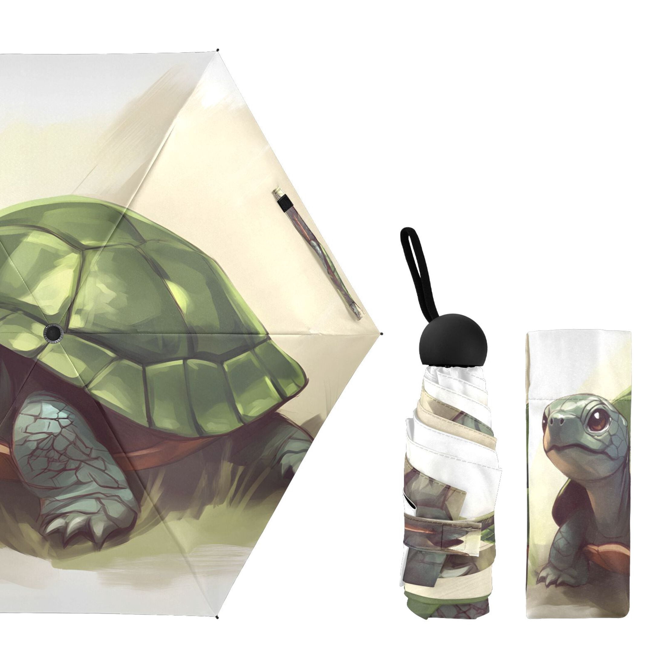 Child's Sketch Turtle Umbrellas for Sun Auto Open Close UV50+ Waterproof 5-Fold Compact Fiberglass Frame