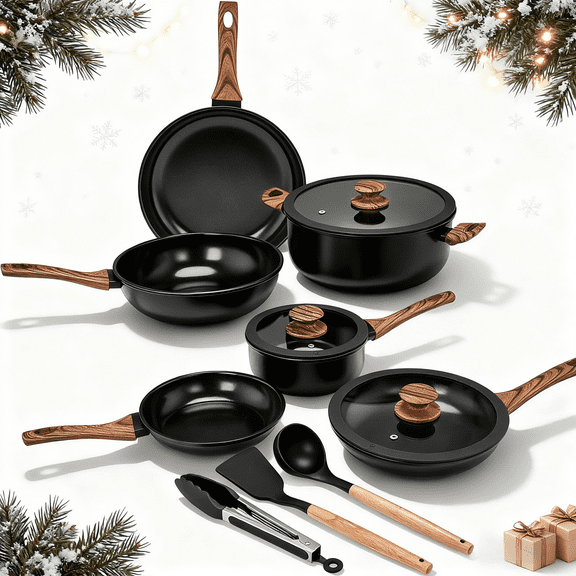 Ktaxon 20pcs Nonstick Cookware Set with Woodgrain Handle, 6 Pots and Pans Set Aluminum Kitchen Cooking Set, Induction Safe, Black