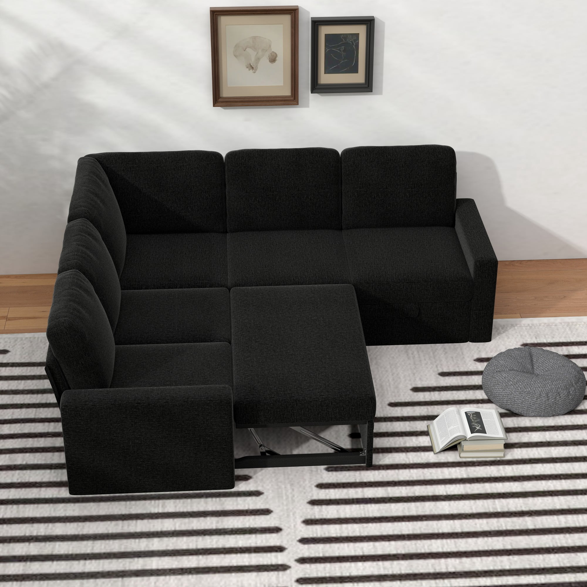Gewnee 5-Seater Black L-Shaped Convertible Sofa - Skin-Friendly & Wear-Resistant Chenille Fabric, Solid Wood Frame with Multifunctional Storage, for Living Rooms & Halls