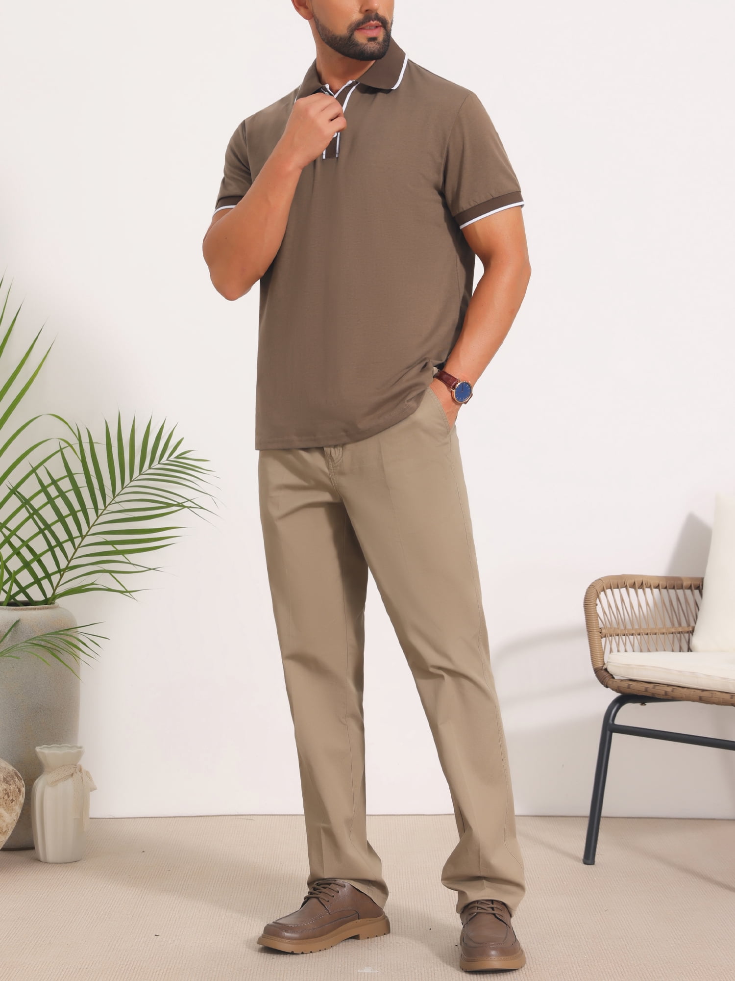 DARING DIVA Men's Contrast Trim Short Sleeve Button Closure Polo Shirts 2XL Khaki