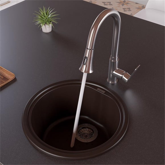 Pemberly Row Chocolate 17" Drop-In Round Granite Composite Kitchen Prep Sink