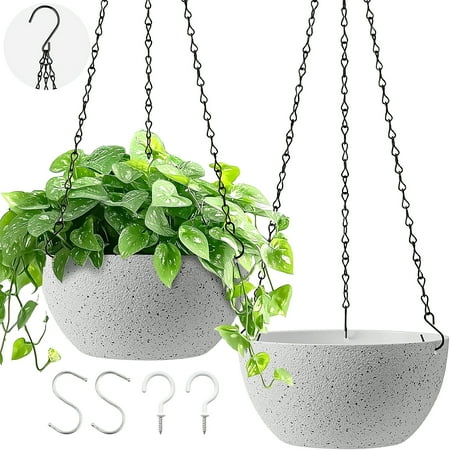 2 Pack Hanging Planters for Indoor Outdoor Plants, 9 Inch Flower Pots with Drainage Holes and Chains, Plastic Hanging Baskets with S-Hooks and Ceiling Hooks for Home and Garden Decor (Speckled White)