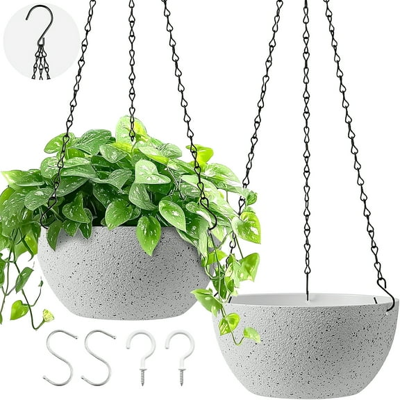 2 Pack Hanging Planters for Indoor Outdoor Plants, 9 Inch Flower Pots with Drainage Holes and Chains, Plastic Hanging Baskets with S-Hooks and Ceiling Hooks for Home and Garden Decor (Speckled White)