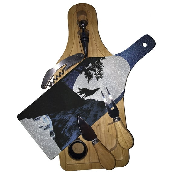 KuzmarK Wine & Cheese Glass Cutting Board Wood Box Gift Set - Wolf Full Moon Stars