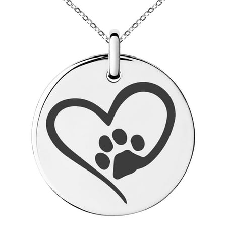 10k Gold Circle Heart Pendant - Stainless Steel Dog Paw Heart Engraved Small Medallion Circle Charm Pendant Necklace