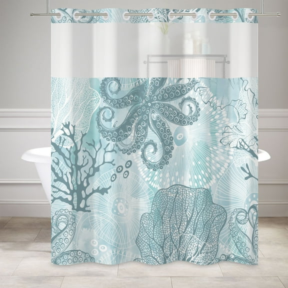 Mizhona Beach Octopus No Hook Shower Curtain with Snap in Liner,Teal Coral Hookless Bath Curtain,71"× 74"