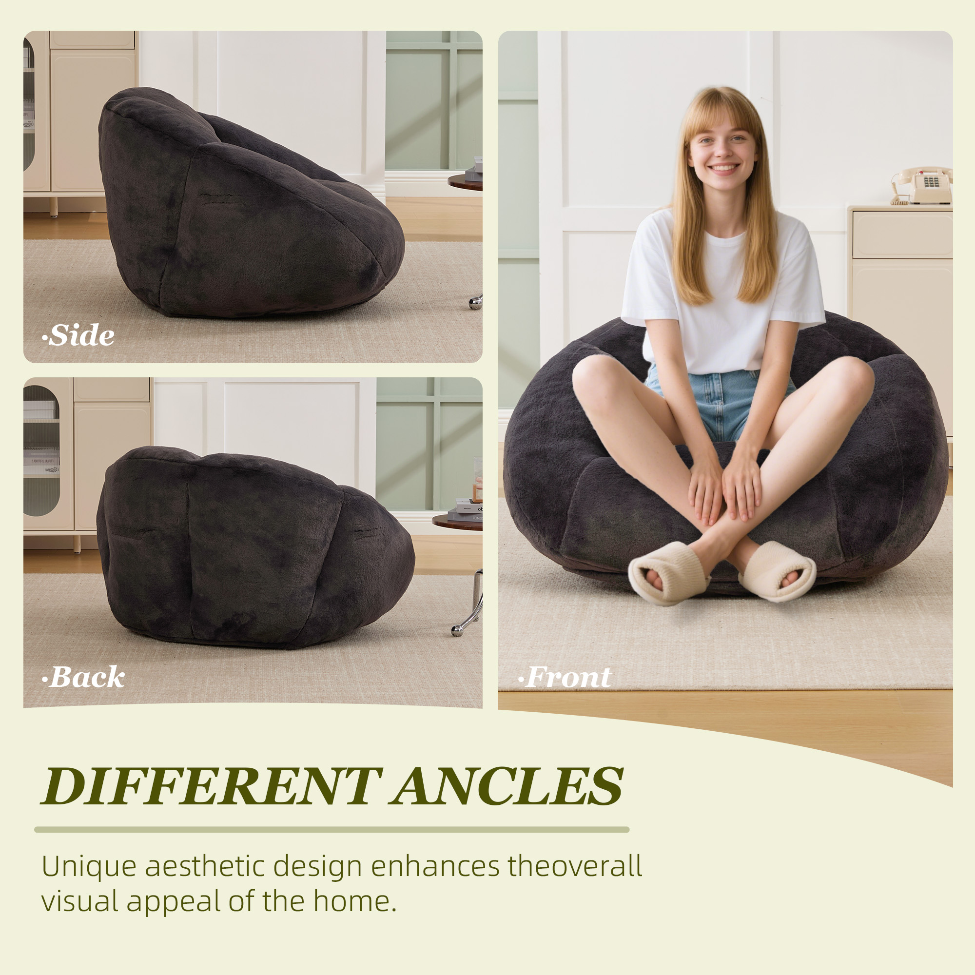 MOONMISS Bean Bag Chair for Adults & Teen,Floral Shaped Memory Foam Deep Sink-in Breathable Faux Fur Bean Bag Sofa,Easy to Clean for Living Room & Dorm,Dark Gray