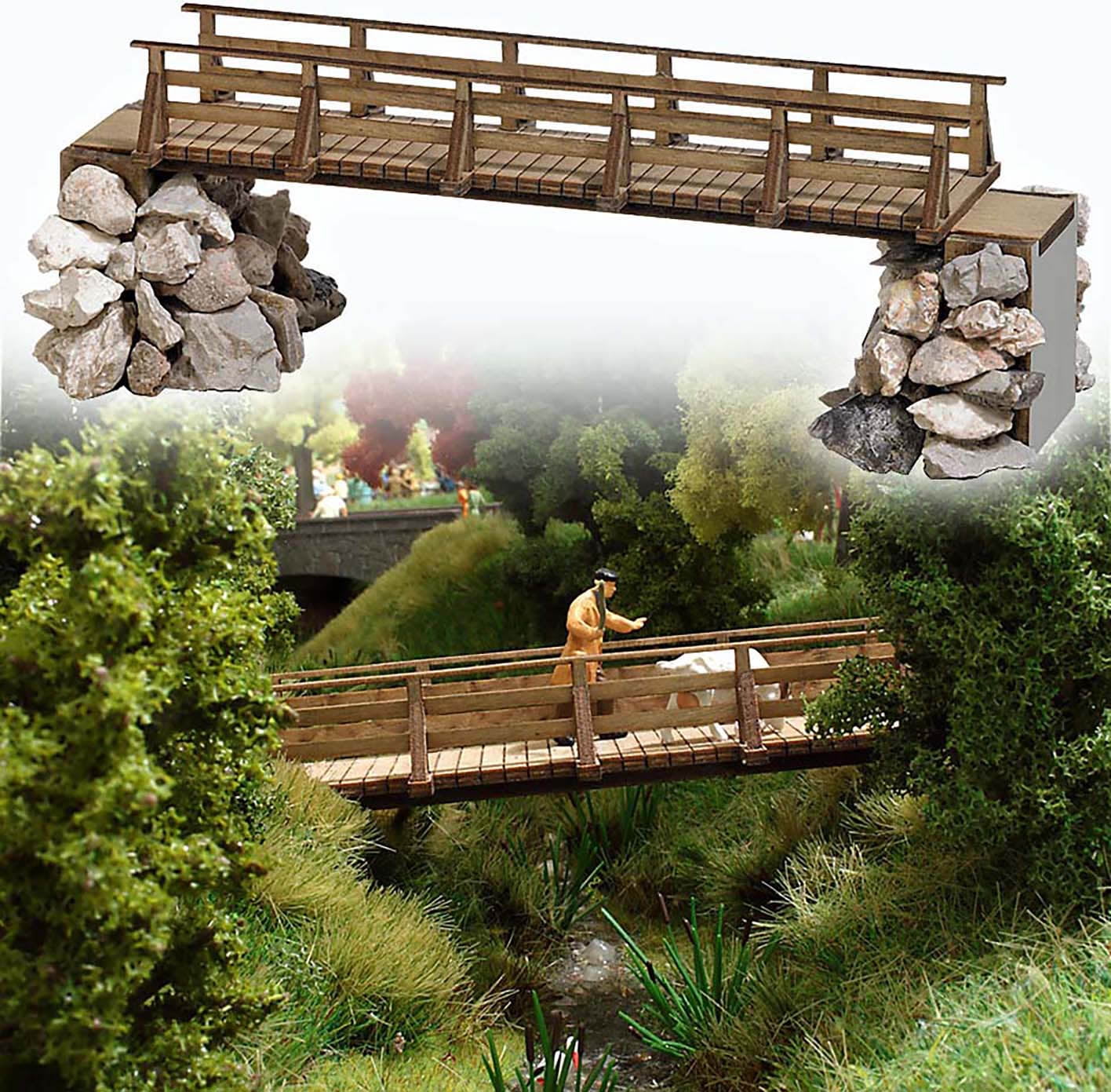 Busch HO Scale Wooden Foot Bridge with Stone Abutments Kit