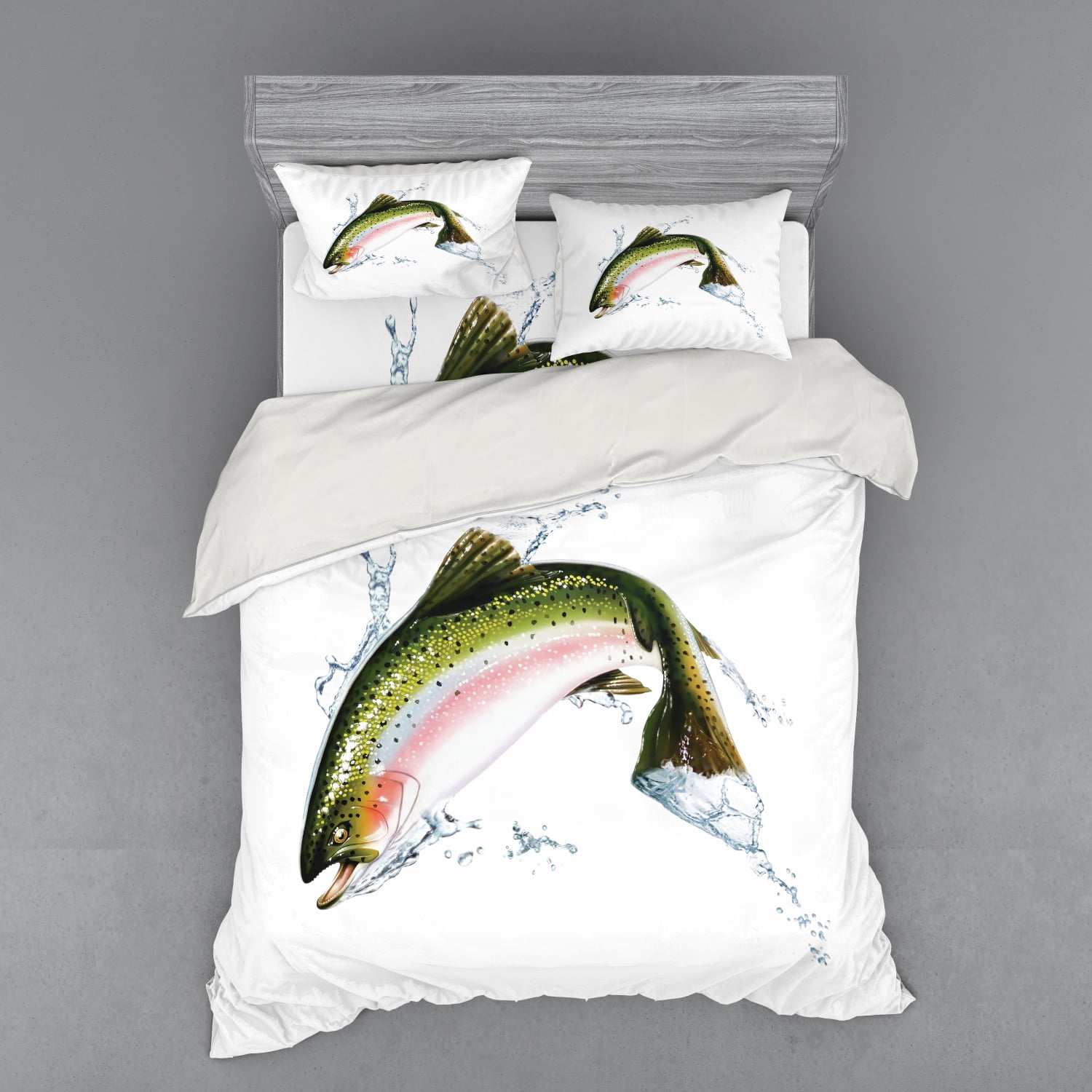 Fish Duvet Cover Set, Salmon Jumping out of Water Making Splashes Cartoon Design Photorealistic
