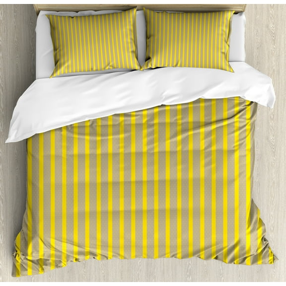 Abstract Duvet Cover Set, Continuous Symmetry Vertical Stripes and Dots Illustration Pattern, Decorative 3 Piece Bedding Set with 2 Pillow Shams, Calking Size, Yellow and Dark Eggshell, by Ambesonne