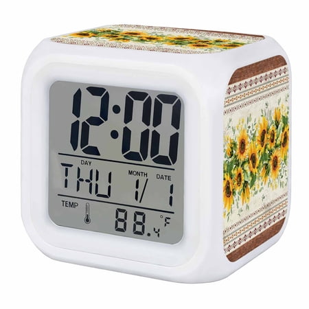 Sunflower Brown Digital Alarm Clock for Bedrooms,Smart LED Alarm Clock with 7 Color Night Light,Retro Southwest Country Plant Leaf Floral Silent Wake Up Clocks for Sleep Study Cooking 3.2x3.2
