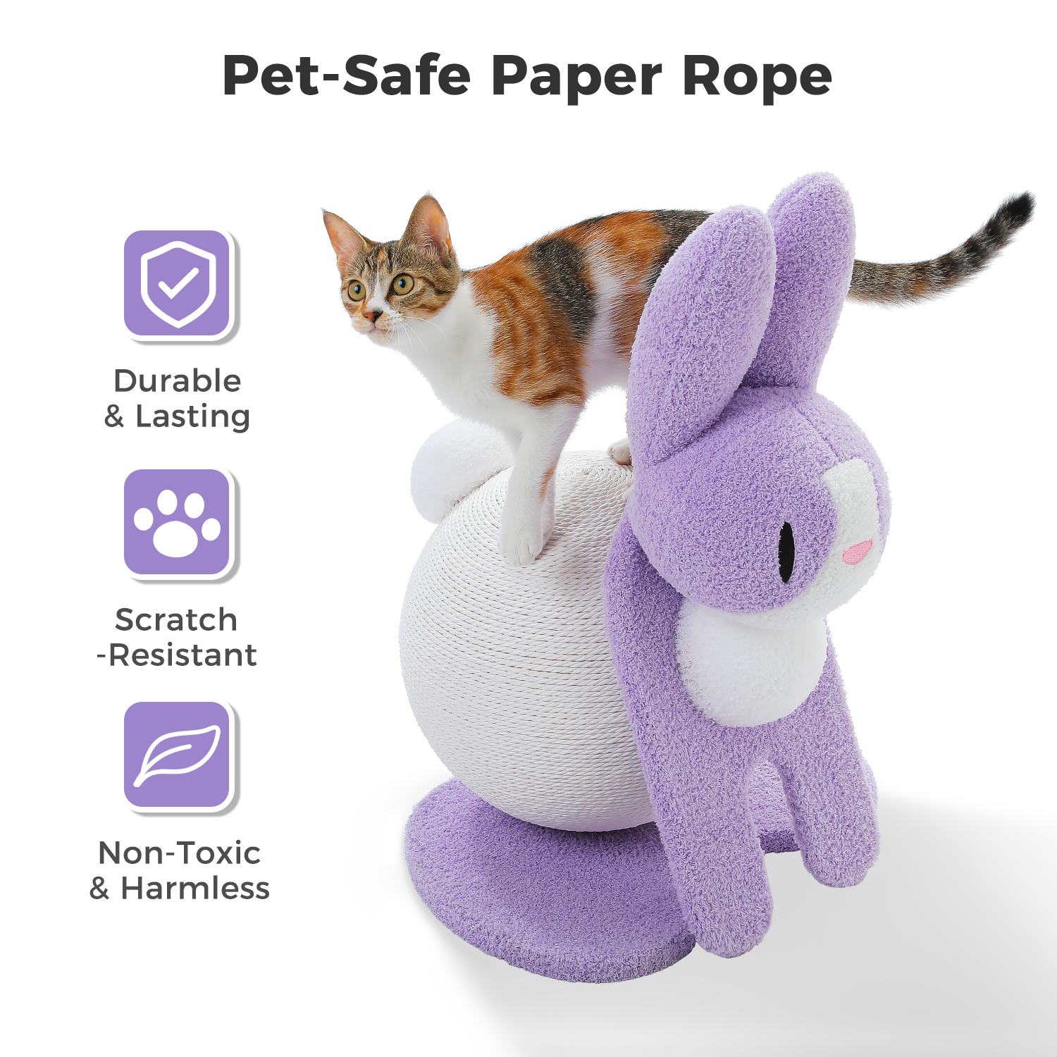 PEQULTI 23" Cute Cat Scratching Post Bunny Style Cat Scratcher with Paper Rope for Indoor Kitten Purple
