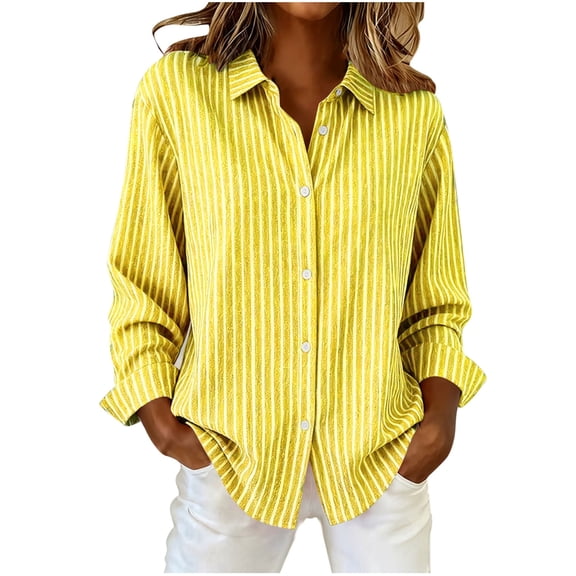 DAFPZW Striped Button Down Shirts for Women Cotton Dress Shirt Long Sleeve Collared Blouse Tops Business Office Attire