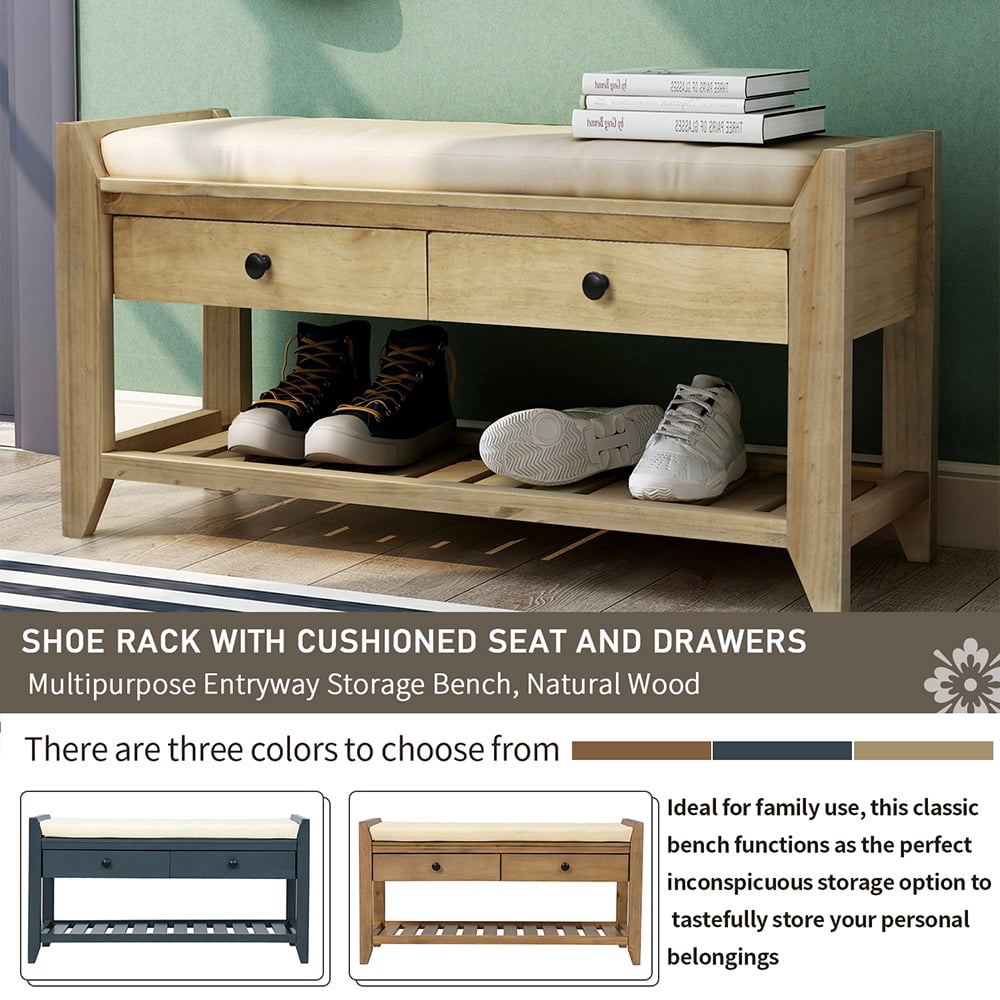 Kepooman Storage Bench, Shoe Bench for Entryway, Rustic Solid Wood Bench with Cushioned Seat and Drawers for Living Room, Wood Color Kepooman Storage Bench, Shoe Bench for Entryway, Rustic Solid Wood Bench with Cushioned Seat and Drawers for Living Room, Wood Color