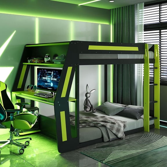 MINESTIA  Full Size Gaming Loft Bed with RGB Desk, Heavy-Duty Metal Bunk Loft Bed Frame with USB Charging Ports & Cable Grommet for Adults, Teens