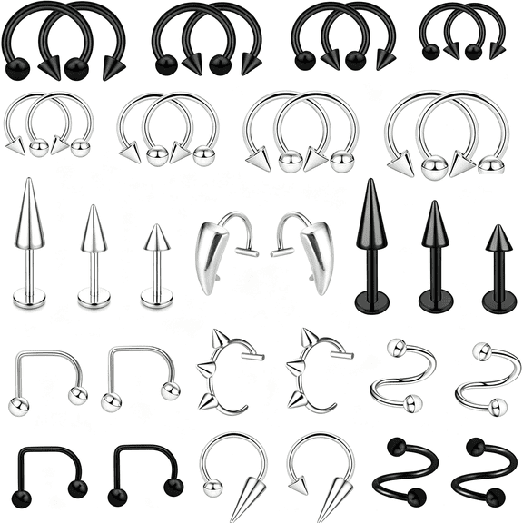 DESIGNICE 36Pcs 16G Lip Rings Stainless Steel Snake Bite Piercing Labret Jewelry Medusa Spiral Barbell Helix Tragus Earrings Hoop Horseshoe Septum Nose Cartilage Piercings