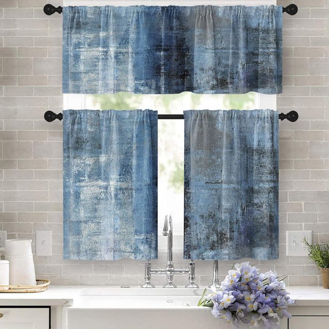 Blue Kitchen Curtains Grey Window Curtains and Valances Set 36 Inch, Abstract Art Short Tier Curtain for Kitchen, Modern Small Kitchen Decor