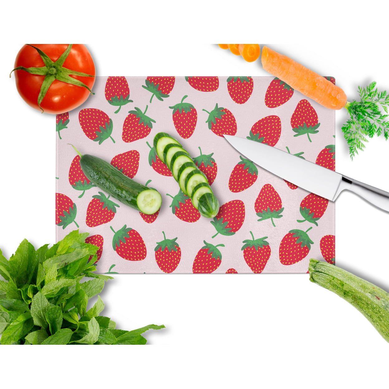 Strawberries on Pink Glass Cutting Board Large