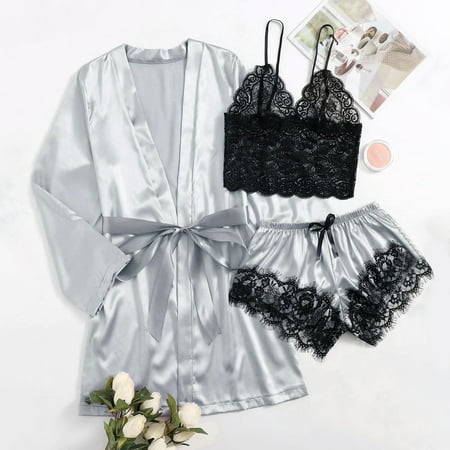 

Pxiakgy lingerie for women Satin Silk Pajamas Women Nightdress Lingerie Robes Underwear Sleepwear Grey + L