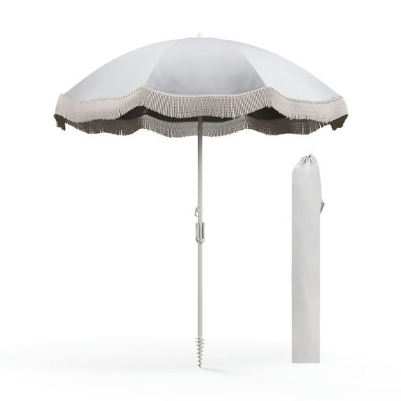 Aimee Lii 6.5 FT Beach Umbrella with Fringe Outdoor Tassel Umbrella with Push Button Tilt, Patio Umbrella, Outdoor Market Umbrella-White