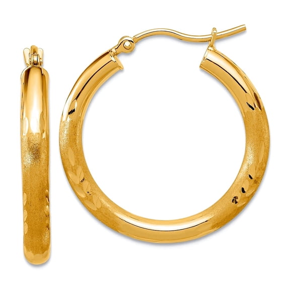 14k Solid Yellow Gold Satin and Sparkle-Cut 3mm Round Hoop Earrings 25x25mm Wide 3mm Thick Hoop Earring for Women