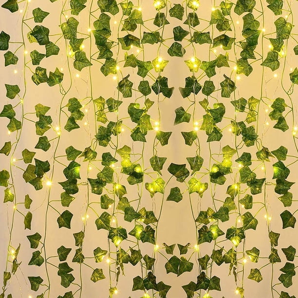 Hiedra artificial, guirnalda de luces de 10 m, plantas artificiales con 100 LED y hojas verdes, guirnalda de luces LED para jardín, patio, casa, terraza y boda.